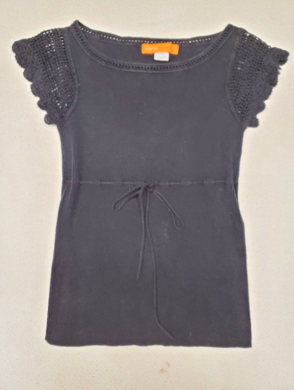 Cynthia Cynthia Steffe Black Ribbed Top Crochet Cap Sleeve Tie Waist Sz M